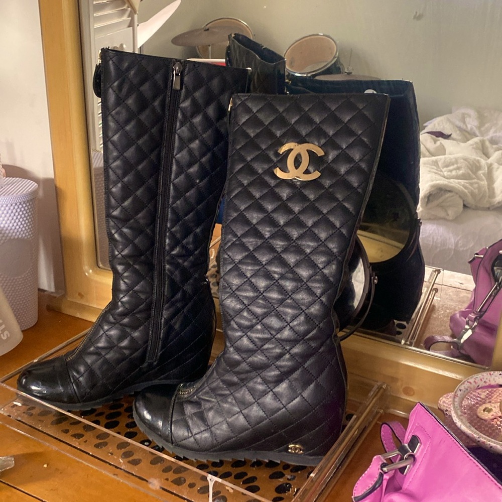 CHANEL knee high wedge boots